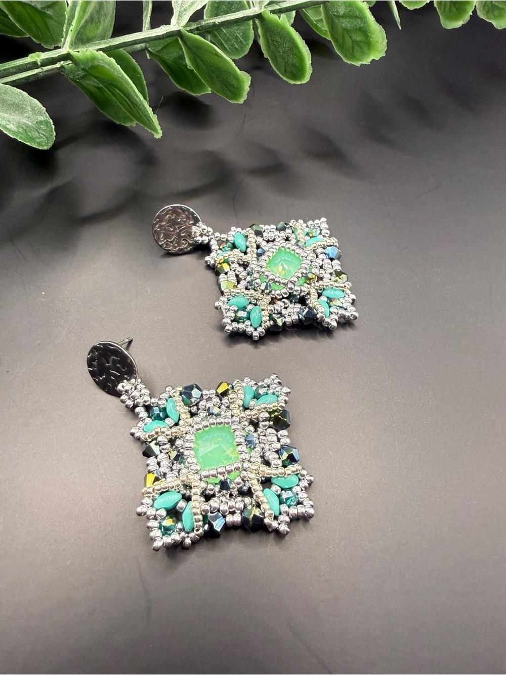 Handmade Silver & mint crystal Beaded Square Drop Earrings